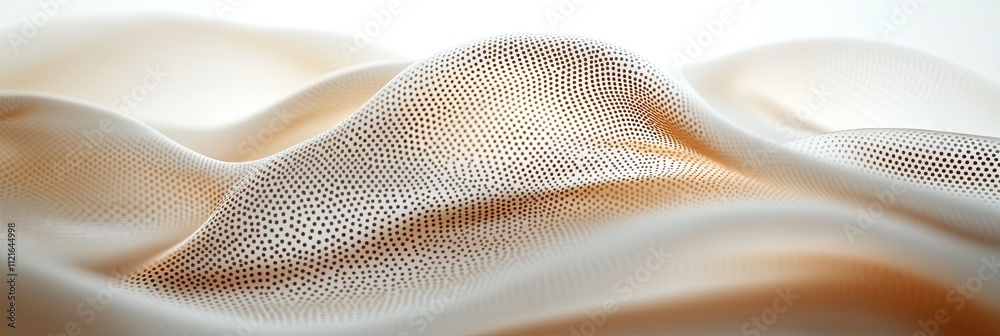 A minimalistic background featuring smooth, flowing fabric with a monochrome dotted texture in soft beige tones A minimalistic background featuring smooth, flowing fabric with a monochrome dotted texture in soft beige tones