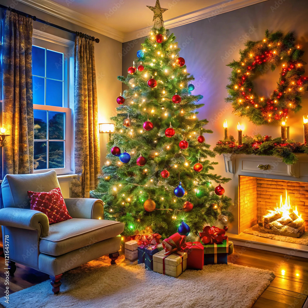 A beautifully decorated Christmas tree adorned with twinkling lights A beautifully decorated Christmas tree adorned with twinkling lights