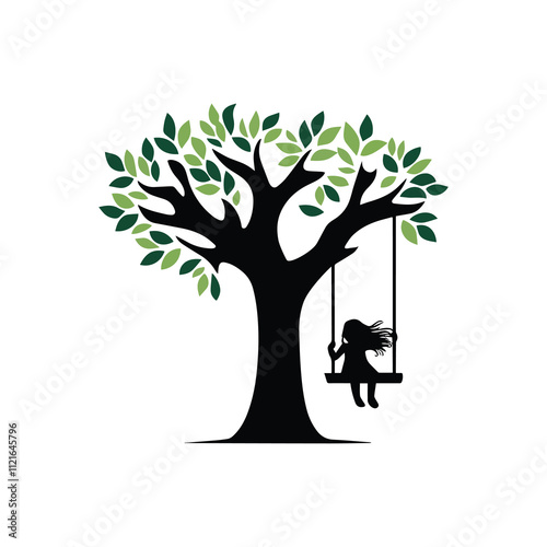 Minimalist illustration of a tree with a child on a swing set against a white background with green leaves 