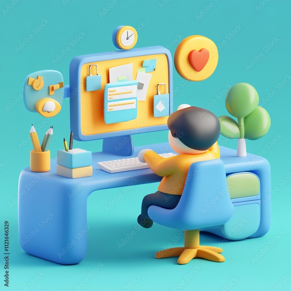 Obraz premium 3D Worker Icon: Productivity from a Home Office illustration