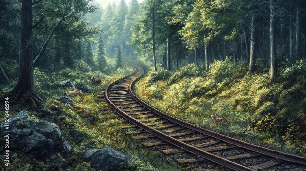 Fototapeta premium A stretch of railway tracks winds through the forest, the rails curving as they navigate the natural landscape.