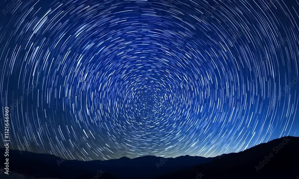 A stunning star trail photograph capturing the movement of stars around the North Star, set against a dark blue sky and silhouetted mountain range.