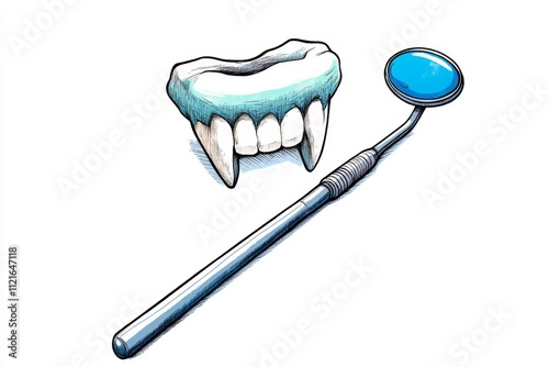 A minimalist representation of a dental mirror and scaler, drawn with clean lines and neutral colors