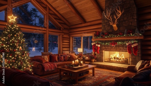 Cozy Christmas cabin interior with decorated tree, fireplace, and snowy view.