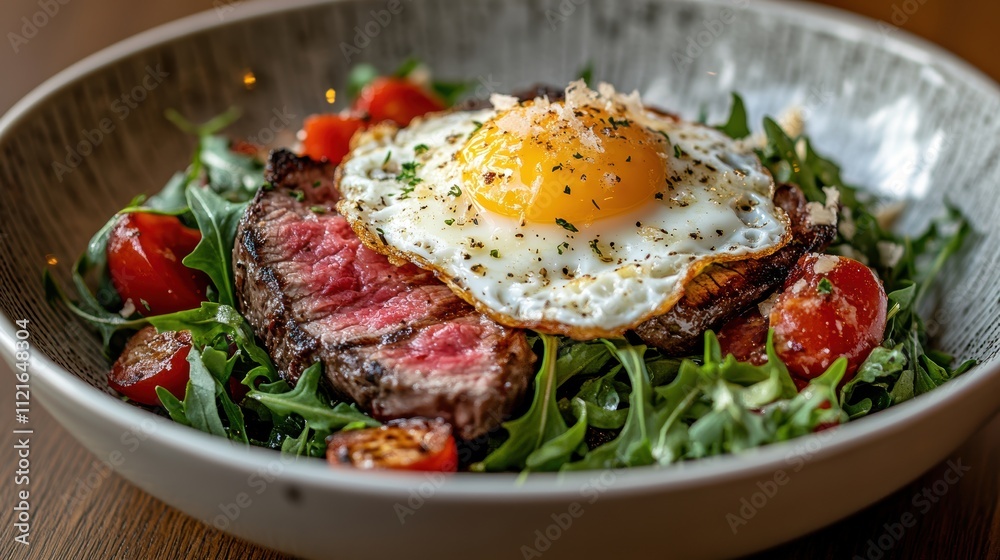 Sizzling Grilled Steak and Fried Egg on Arugula Salad Restaurant Kitchen Culinary Delight Cozy Eatery Close-Up Gourmet Experience Sizzling Grilled Steak and Fried Egg on Arugula Salad Restaurant Kitchen Culinary Delight Cozy Eatery Close-Up Gourmet Experience