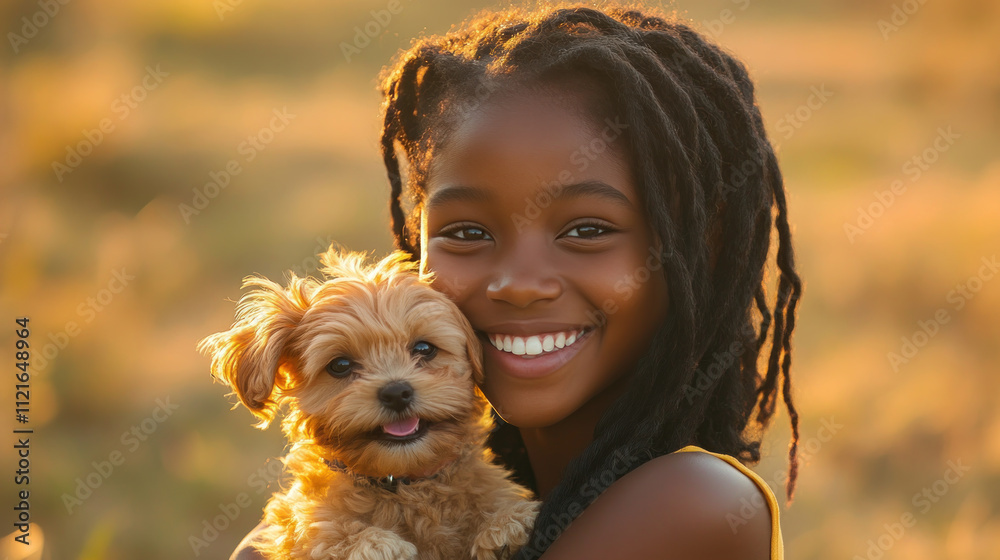 African girl holding pet dog playing on grass outside together African girl holding pet dog playing on grass outside together