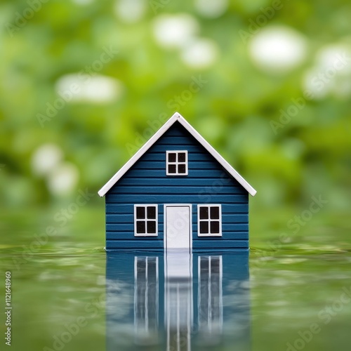 Miniature Blue House Flooded in Green Nature Environmental Disaster Concept