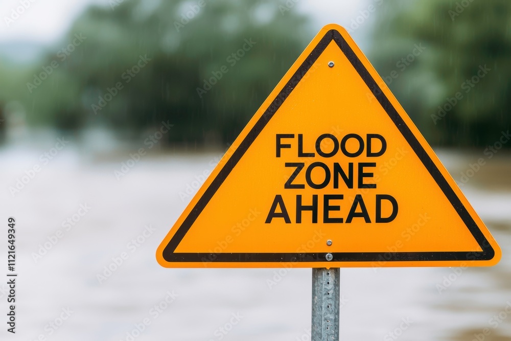 Bright Yellow Flood Zone Ahead Warning Sign with Blurred Background Bright Yellow Flood Zone Ahead Warning Sign with Blurred Background