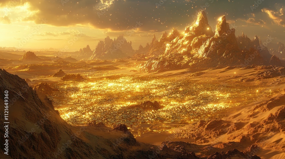 Naklejka premium Golden city nestled in a desert valley, surrounded by glowing mountains at sunset. Perfect for fantasy, sci-fi, or adventure themes; evokes a sense of wonder and mystery.