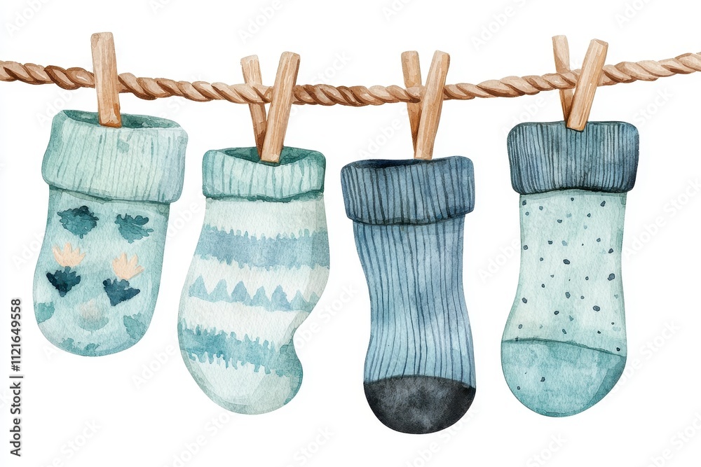 Watercolor Cute Baby Socks Hanging Clothesline Clipart Watercolor Cute Baby Socks Hanging Clothesline Clipart