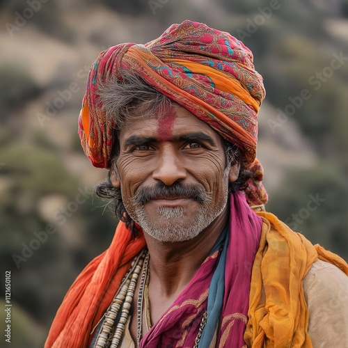 A joyful man wearing a colorful turban and traditional clothes with a beautiful smile outdoors. photo