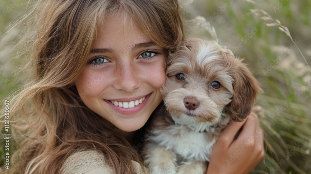 Germany girl holding pet dog playing on grass outside together Germany girl holding pet dog playing on grass outside together