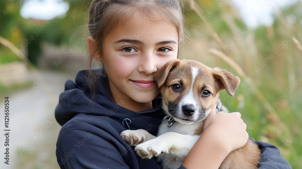 Germany girl holding pet dog playing on grass outside together