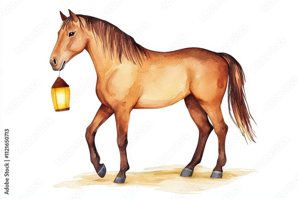 Obraz premium Watercolor Horse with Lantern Christmas Cozy Winter Scene Whimsical Clipart