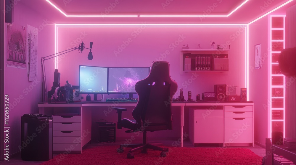 Pink neon-lit gaming room setup with computer, chair, and accessories. Pink neon-lit gaming room setup with computer, chair, and accessories.
