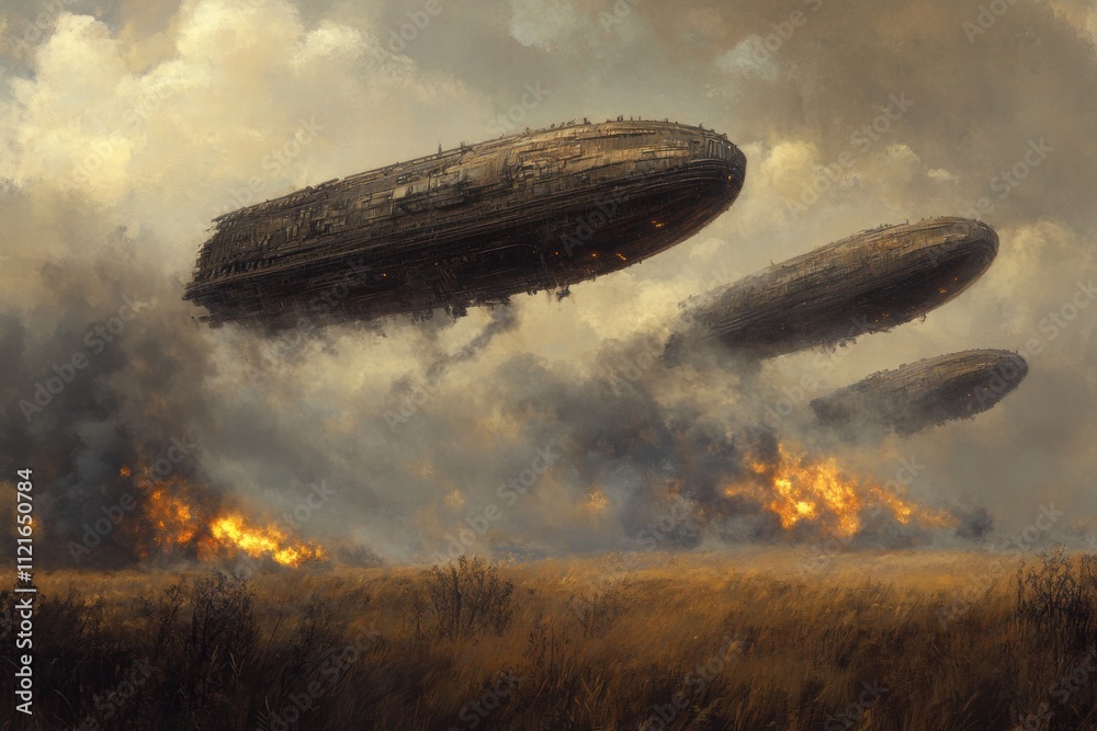 Naklejka premium Airship attack in a fiery landscapea dramatic scene of destruction and adventure fantasy art environment wide angle view