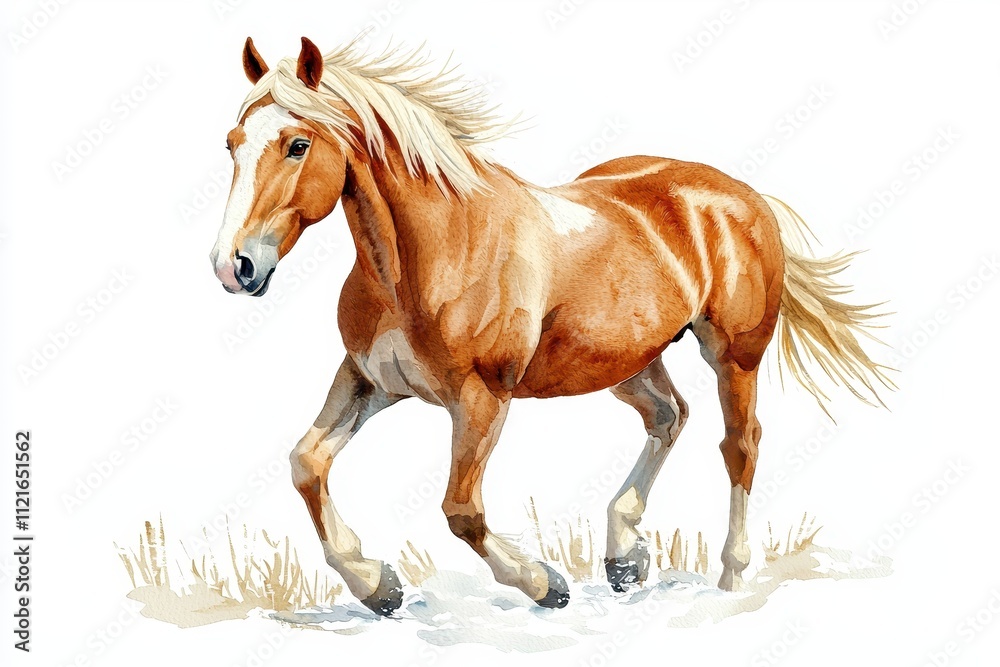 Obraz premium Watercolor Painting of a Chestnut Horse Running in Winter