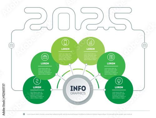 Striking infographic of the year 2025, using a clean, minimalist aesthetic with geometric circular elements and connected data points. Organized layout for presenting various types of information.