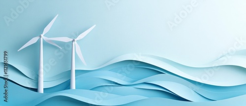 Modern Wind Turbines Against Abstract Ocean Waves Background - Renewable Energy Concept and Clean Power Illustration photo