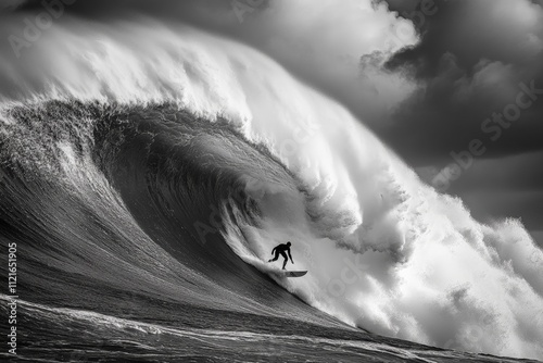 Monochrome Surfing Action: Surfer Riding a Dramatic Wave Under Cloudy Skies â€“ Captivating Black and White Ocean Photography