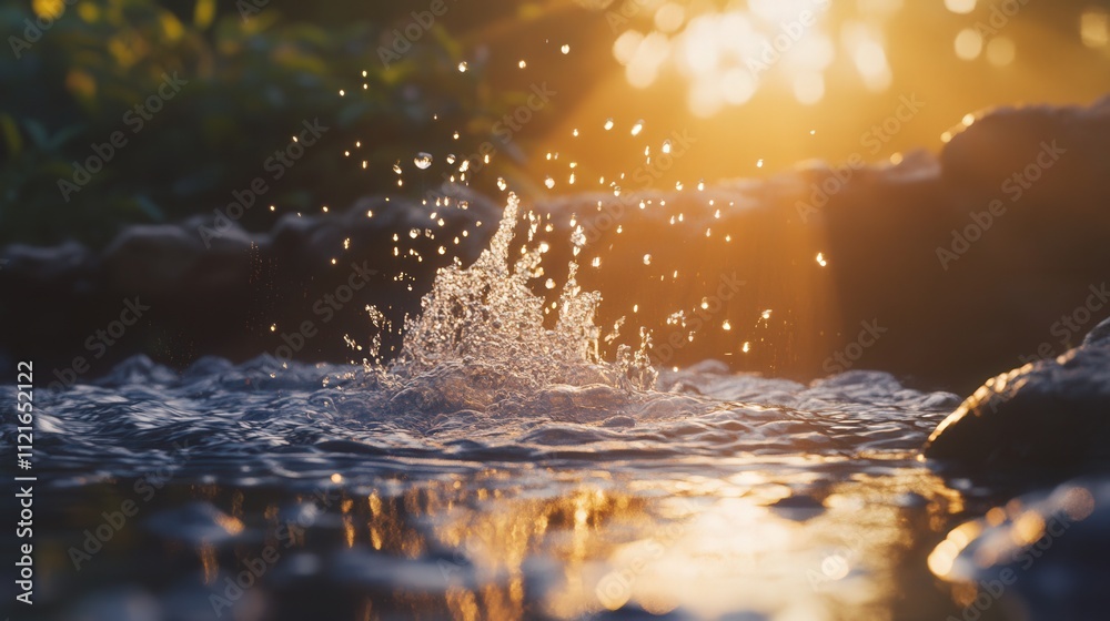 water bubbling up from a pond, with sunlight creating warm reflections and casting a tranquil glow over the scene water bubbling up from a pond, with sunlight creating warm reflections and casting a tranquil glow over the scene