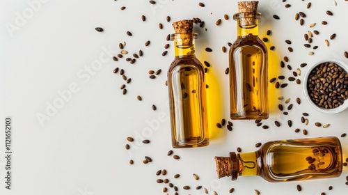 Glass bottles with jojoba oil and seeds on a white background, emphasizing the natural, organic properties of jojoba oil for skincare and hair care. Generative AI photo