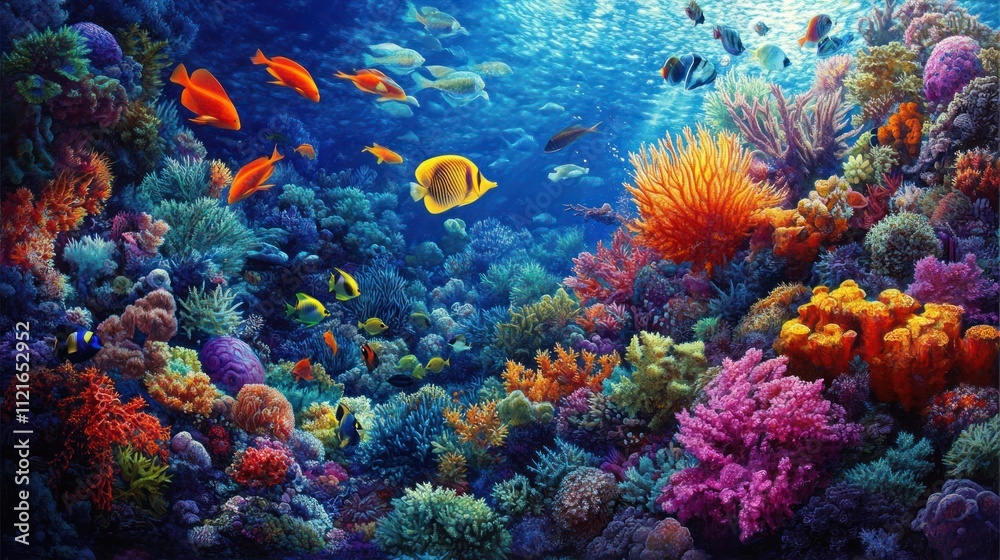 Naklejka premium Vibrant Underwater Paradise: A Colorful Coral Reef Ecosystem