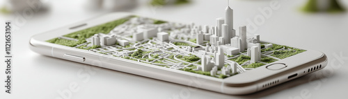 A smartphone displays a miniature 3D cityscape, complete with buildings and greenery, illustrating innovative mobile navigation or urban planning technology.