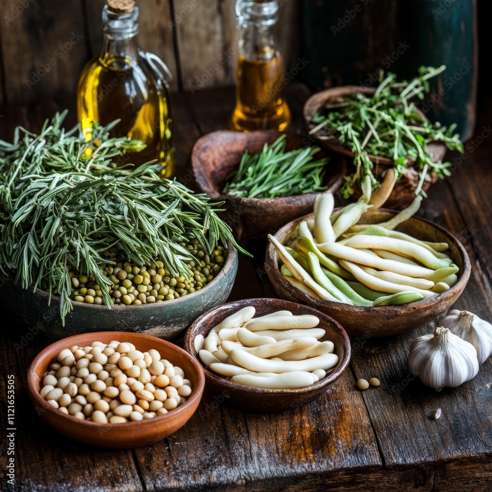 Rustic kitchen scene with fresh herbs, garlic, and assorted beans in wooden bowls Rustic kitchen scene with fresh herbs, garlic, and assorted beans in wooden bowls