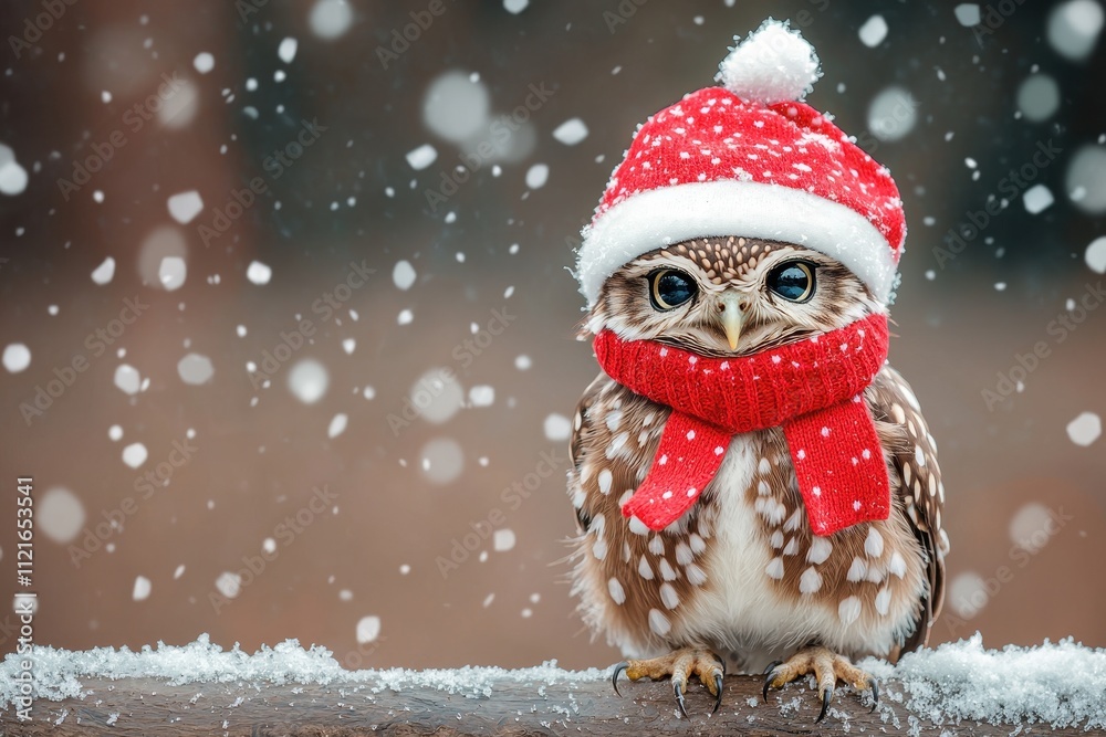 Fototapeta premium Cute Owl in Santa Hat Scarf Winter Snow Christmas Bird
