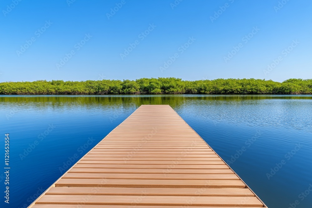 Fototapeta premium A serene shot of mangroves in Abu Dhabi, with wooden pathways winding through lush greenery and calm blue waters