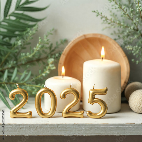 golden 2025 number candles on white shelf with greenery