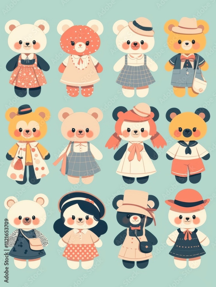 Pastel Flat Style Cartoon Animal Doll Stickers: Simple and Cute Designs Pastel Flat Style Cartoon Animal Doll Stickers: Simple and Cute Designs