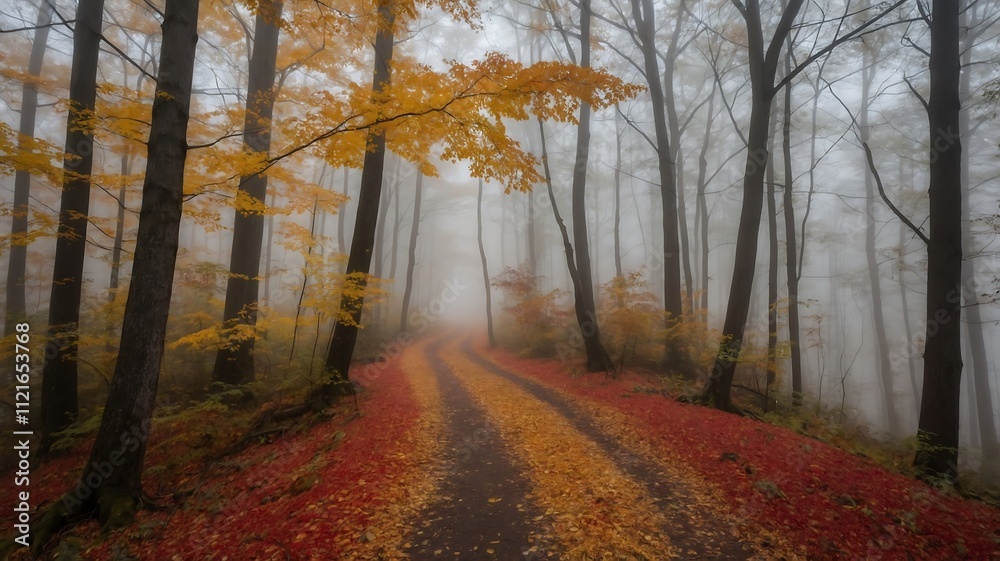 Fototapeta premium Autumnal Enchantment: A Misty Forest Path