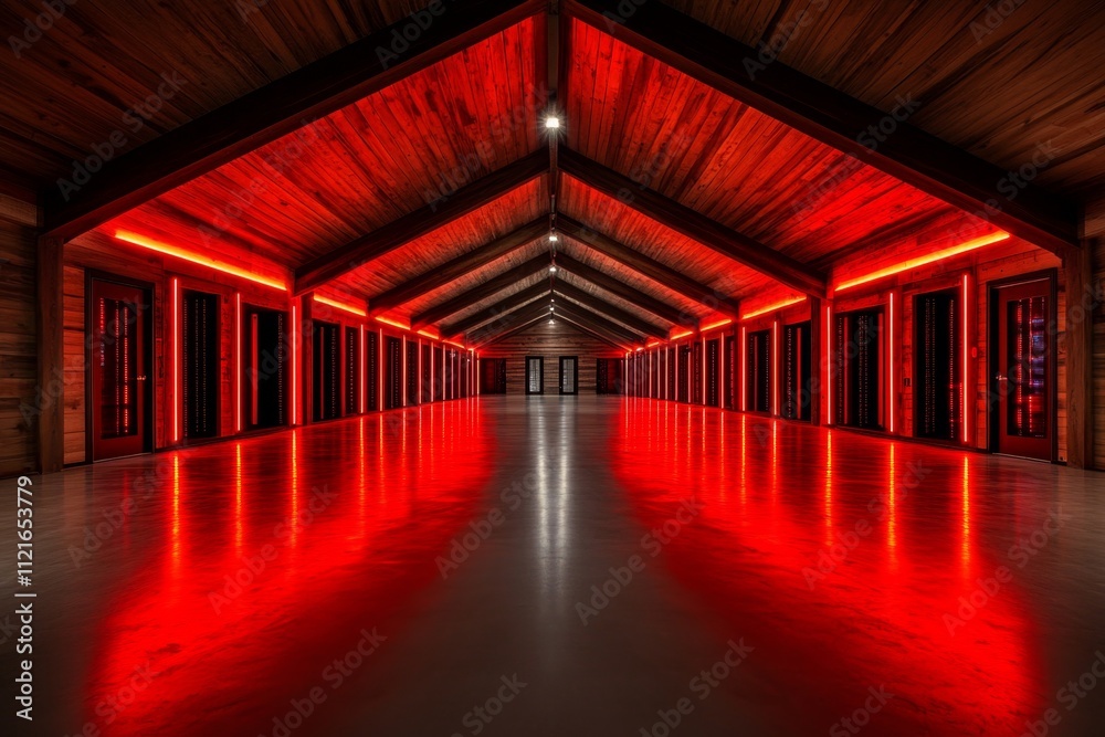 Fototapeta premium A shadowy representation of a data center lit by glowing red lights, with an ominous and mysterious mood