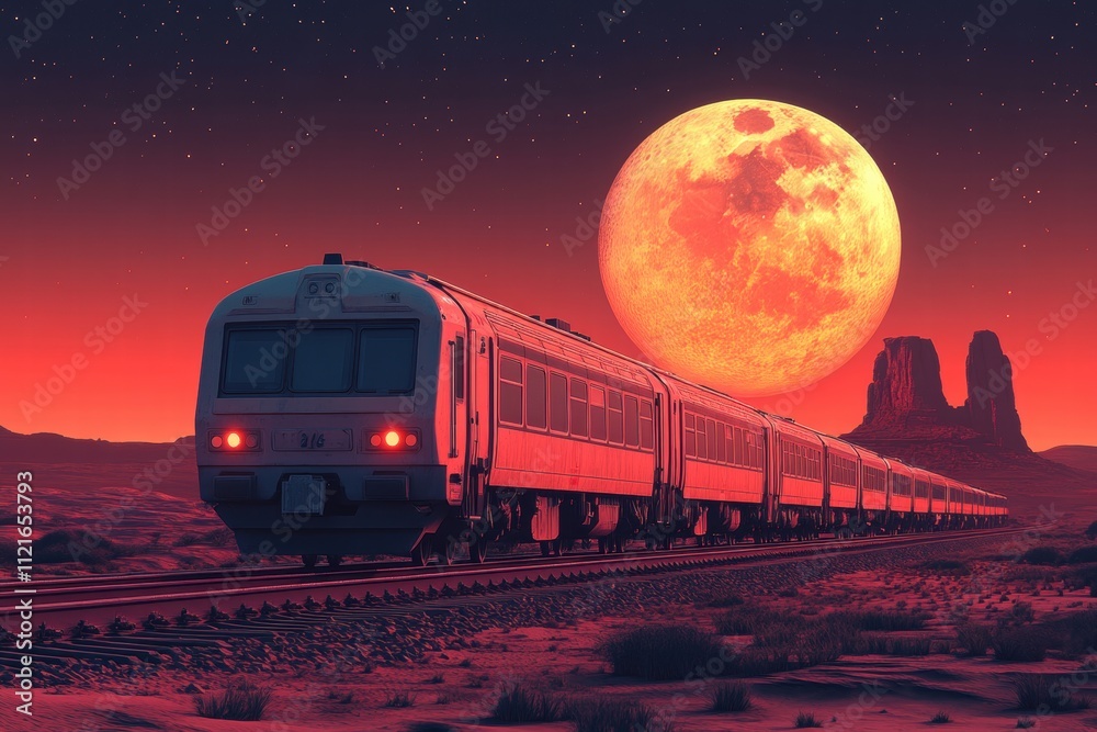 Train journey under the full moon desert landscape digital art evening view surreal concept for imagination Train journey under the full moon desert landscape digital art evening view surreal concept for imagination