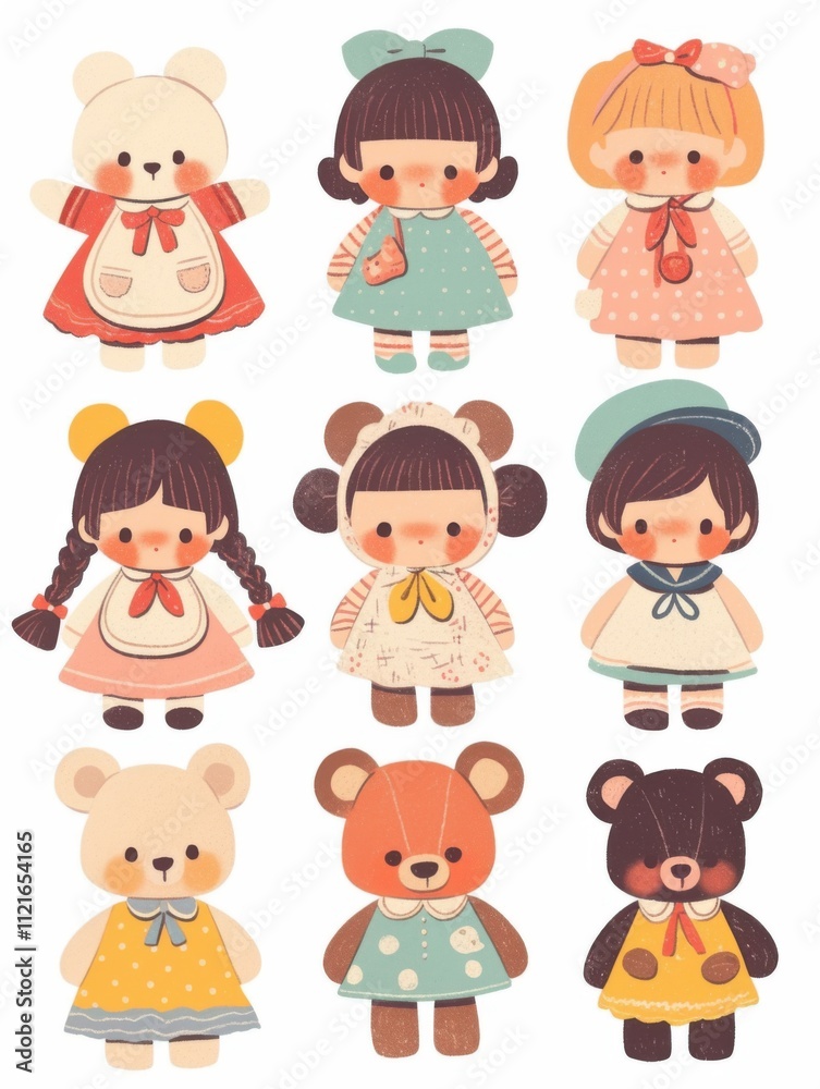 Pastel Flat Style Cartoon Animal Doll Stickers: Simple and Cute Designs Pastel Flat Style Cartoon Animal Doll Stickers: Simple and Cute Designs