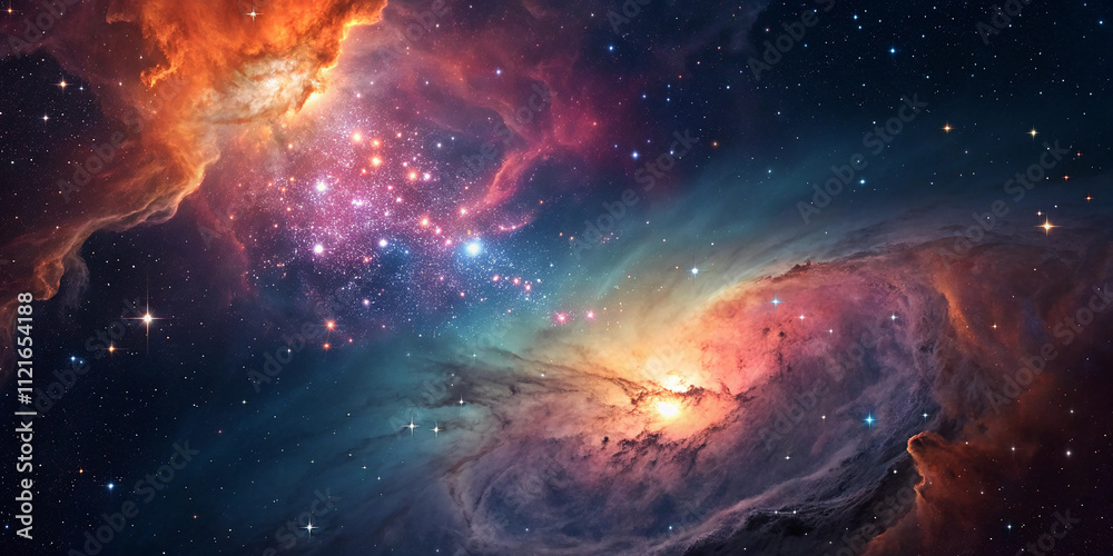 Obraz premium Cloud nebula of a colorful cosmic galaxy. Starry night sky. Astronomy and universe science. Background wallpaper of a supernova planetary planet and moon.