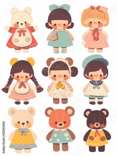 Pastel Flat Style Cartoon Animal Doll Stickers: Simple and Cute Designs
