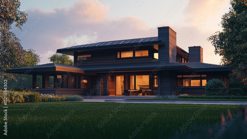 Modern Eco Friendly House Solar Panels Evening Sunset Modern Eco Friendly House Solar Panels Evening Sunset