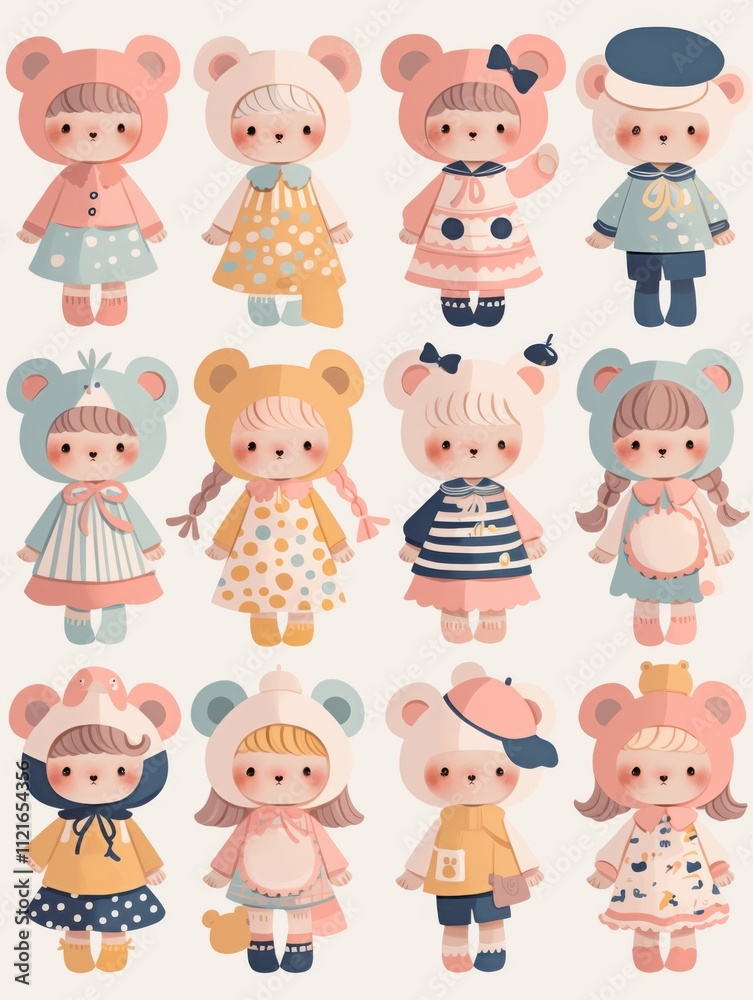 Pastel Flat Style Cartoon Animal Doll Stickers: Simple and Cute Designs Pastel Flat Style Cartoon Animal Doll Stickers: Simple and Cute Designs