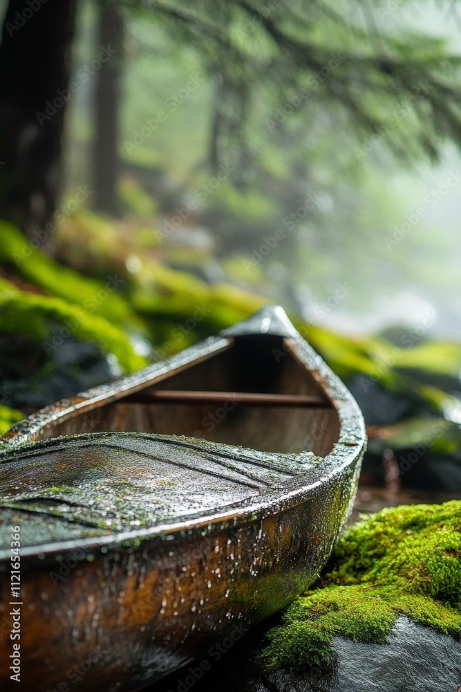 Serene Misty Forest Canoe on Mossy Rocks: Natures Tranquility in Rainy Wilderness Landscape Serene Misty Forest Canoe on Mossy Rocks: Natures Tranquility in Rainy Wilderness Landscape