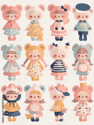 Pastel Flat Style Cartoon Animal Doll Stickers: Simple and Cute Designs