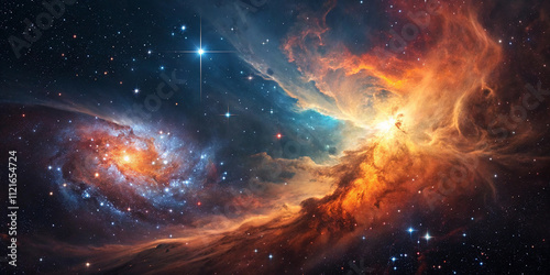Cloud nebula of a colorful cosmic galaxy. Starry night sky. Astronomy and universe science. Background wallpaper of a supernova planetary planet and moon.