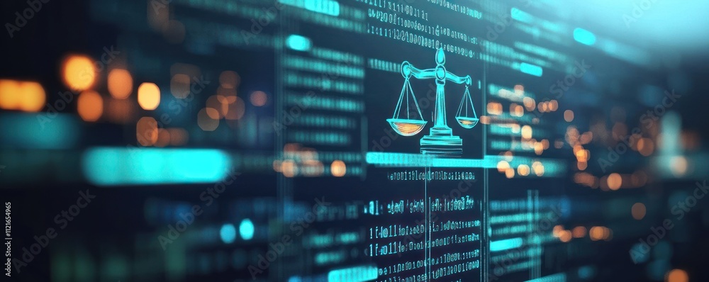 Digital scales of justice with glowing lights and binary code Digital scales of justice with glowing lights and binary code