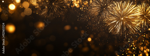 Golden fireworks burst in a dazzling display against a dark night sky; ultra wide.