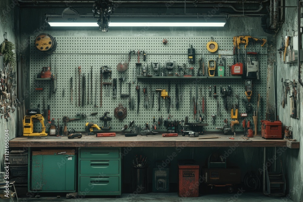 A well-organized workshop with various tools and equipment neatly arranged on a pegboard and workbench. A well-organized workshop with various tools and equipment neatly arranged on a pegboard and workbench.