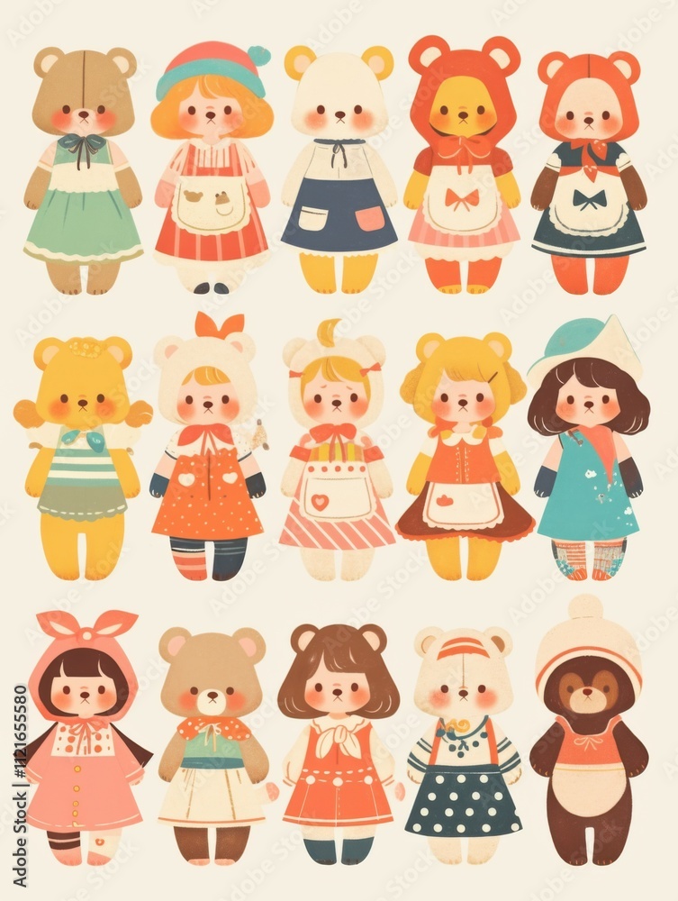 Obraz premium Pastel Flat Style Cartoon Animal Doll Stickers: Simple and Cute Designs