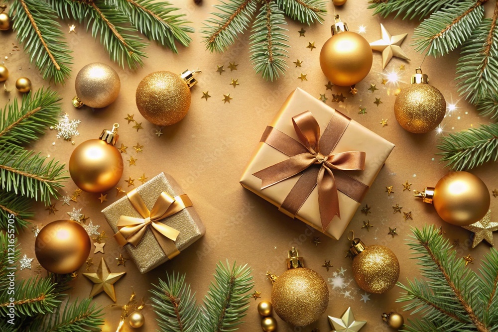 Christmas gold background with baubles, gift boxes, fir branches, ornaments. Flat lay, top view, overhead. Christmas gold background with baubles, gift boxes, fir branches, ornaments. Flat lay, top view, overhead.