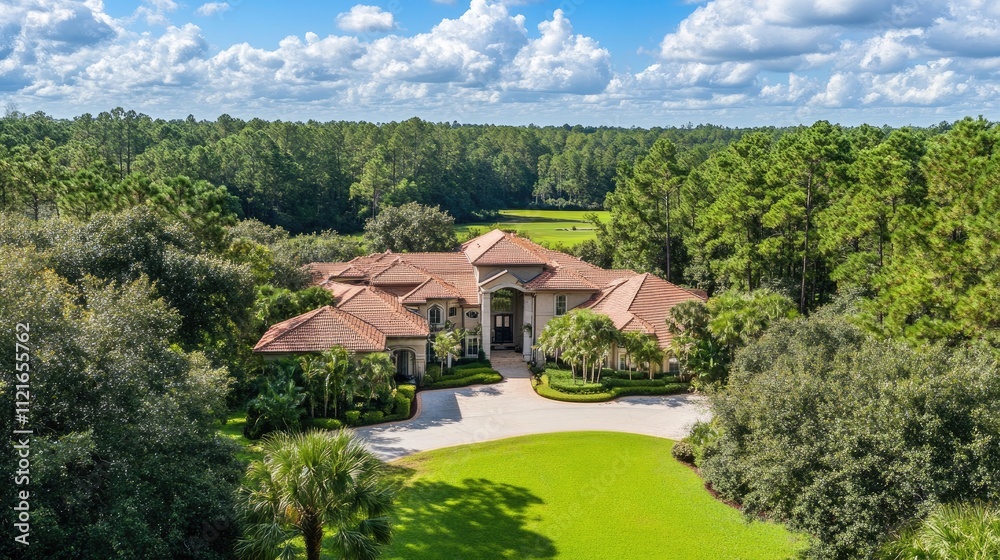 Luxurious mansion nestled in a lush green landscape with golf course view. Luxurious mansion nestled in a lush green landscape with golf course view.